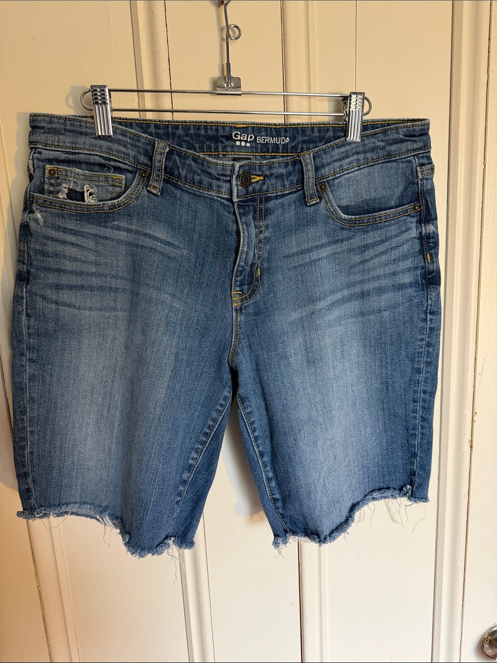 GAP Frayed Hem Bermuda Shorts in Medium Blue Denim